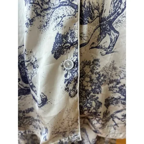 White & Blue Toile Jungle Print Satin Long Sleeve Pajama Pant Set